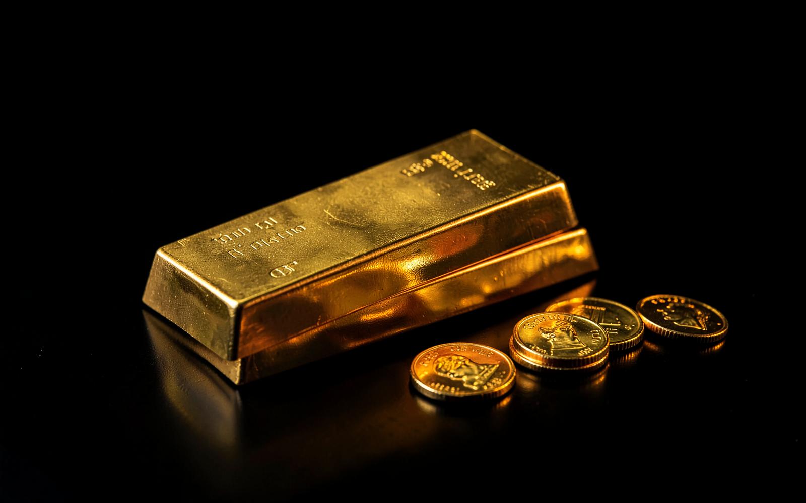 Gold bullion bars and gold coins on a black surface