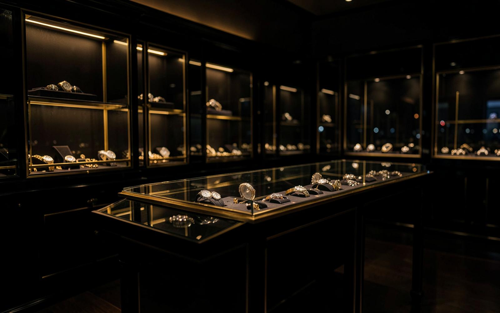 Dark luxury showroom with lit display cases