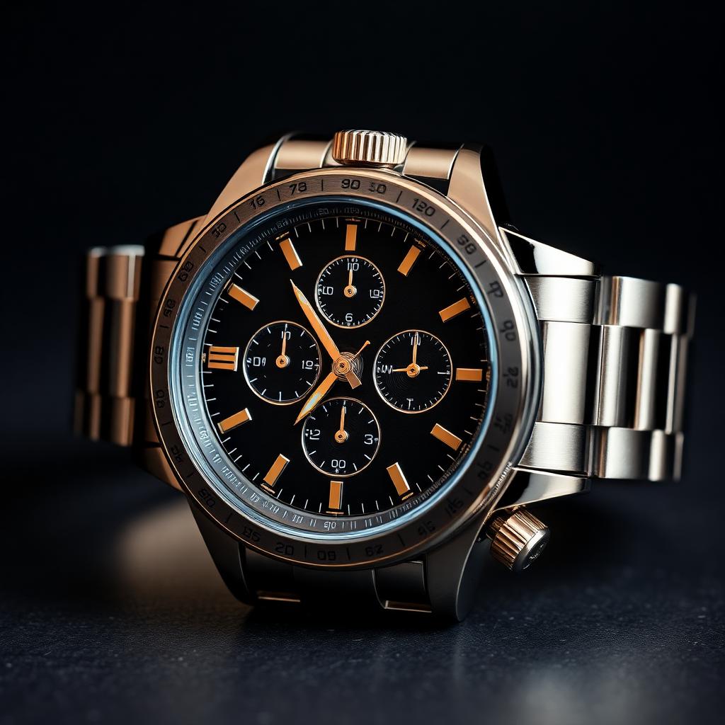 Angled view of a steel sports watch bracelet and case