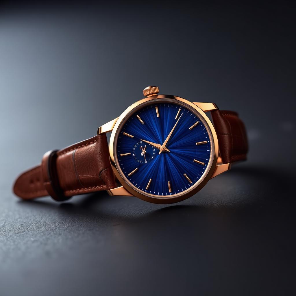 Rose gold dress watch with blue sunburst dial and leather strap